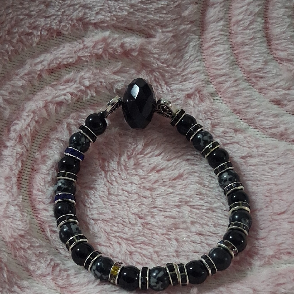 Handmade Black Beaded Bracelets With Metal Hearts And Blingy Spacers